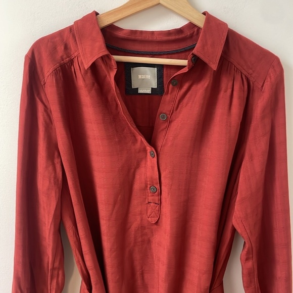 Maeve Anthropologie Bloomsbury Shirt Dress 8 Red Brown Rust Rayon Wrap Tie - Picture 5 of 13